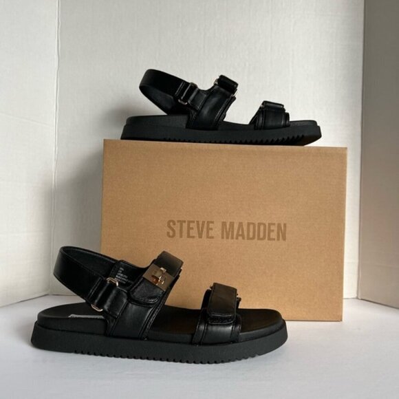 Steve Madden, Mona Black Leather Sandals - Black. Size: 8.5 US. NIB - Picture 1 of 16